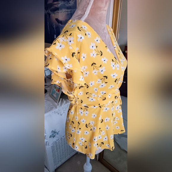 Monteau-Yellow Floral Ruffle Sleeve Faux Wrap Tie Blouse - Picture 2 of 10